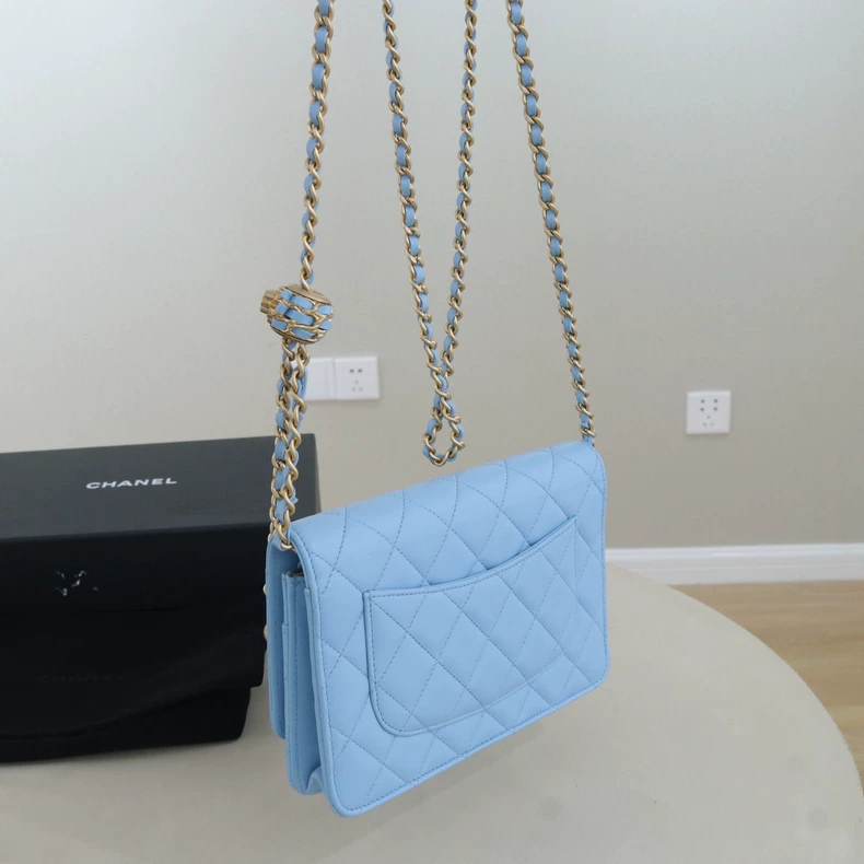 Chanel Classic Quilted Lambskin Wallet On Chain with Adjustable Gold Pearl Ball